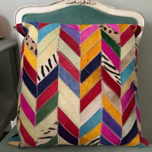 Cowhide Patchwork Decorative Pillow Cover colorful fun unique bright 18” - Picture 1 of 16